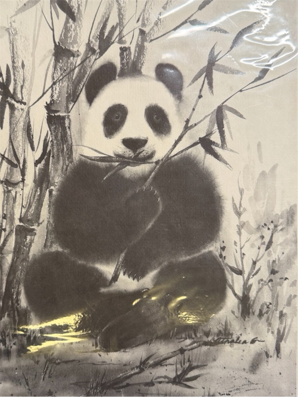 Vintage Mid-Century Modern Giant Panda Ink Wash Lithograph Print (1961)